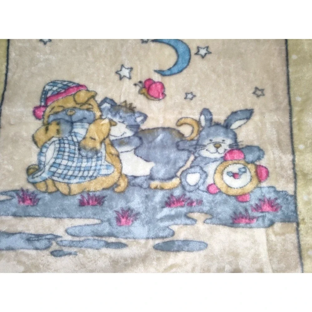 Vtg Mink Yellow‎ Dog Cat Bunny Clouds Blanket 45x52 Clock Polka Dots Soft